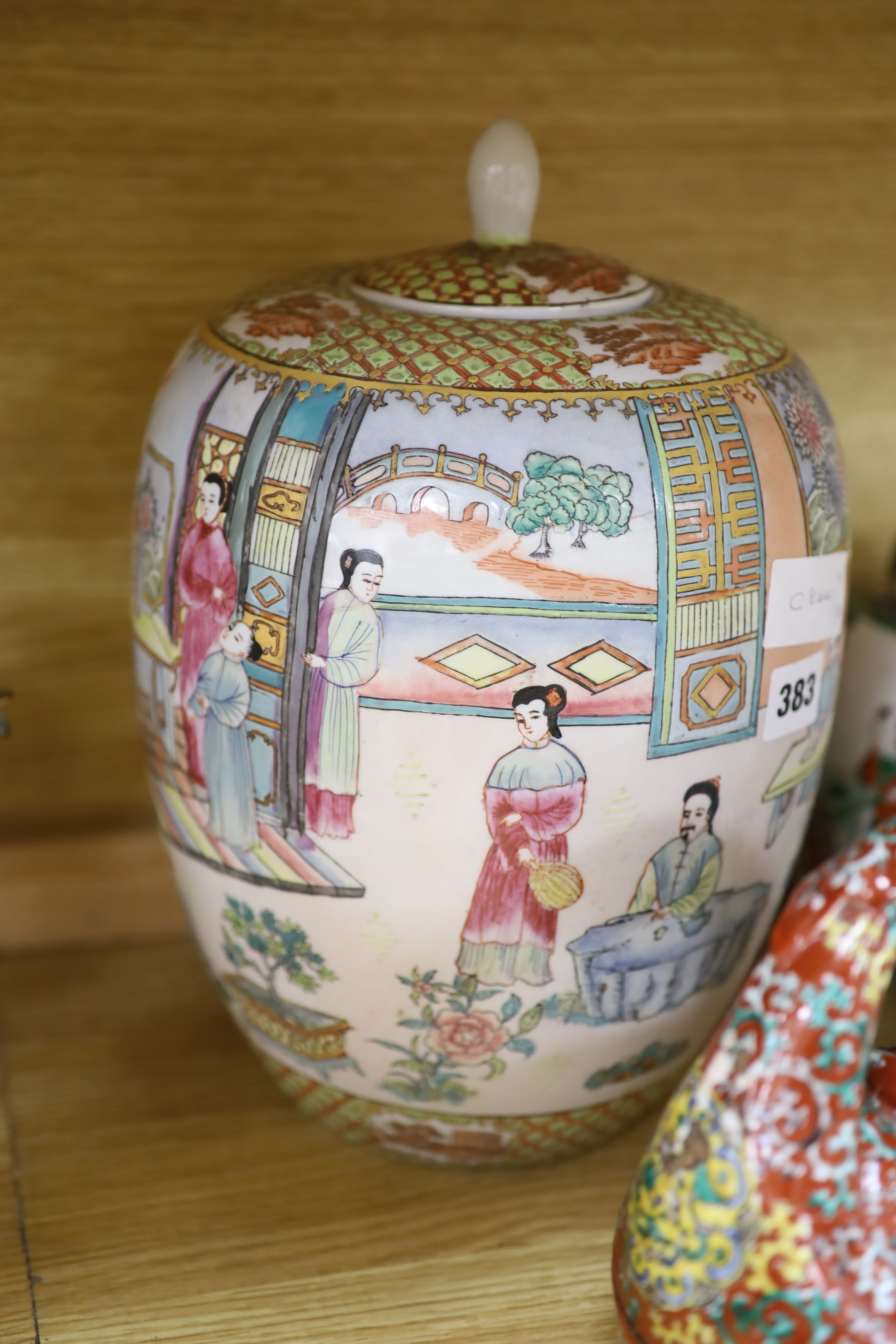 A Chinese vase, six Chinese jars and covers, a box as a basket, a jar and figure, tallest 30cm (11)